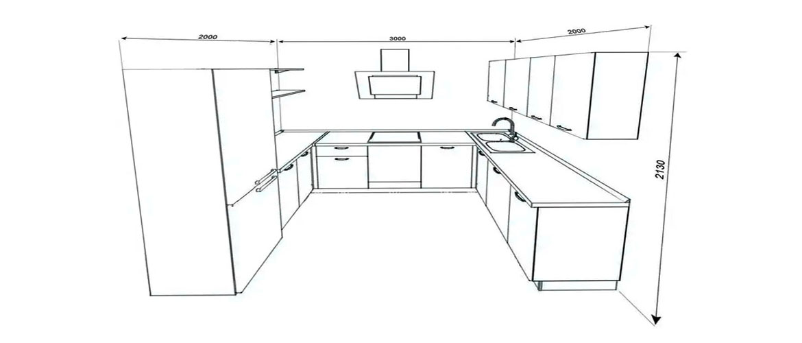 Схема расположения элементов на П-образной кухне